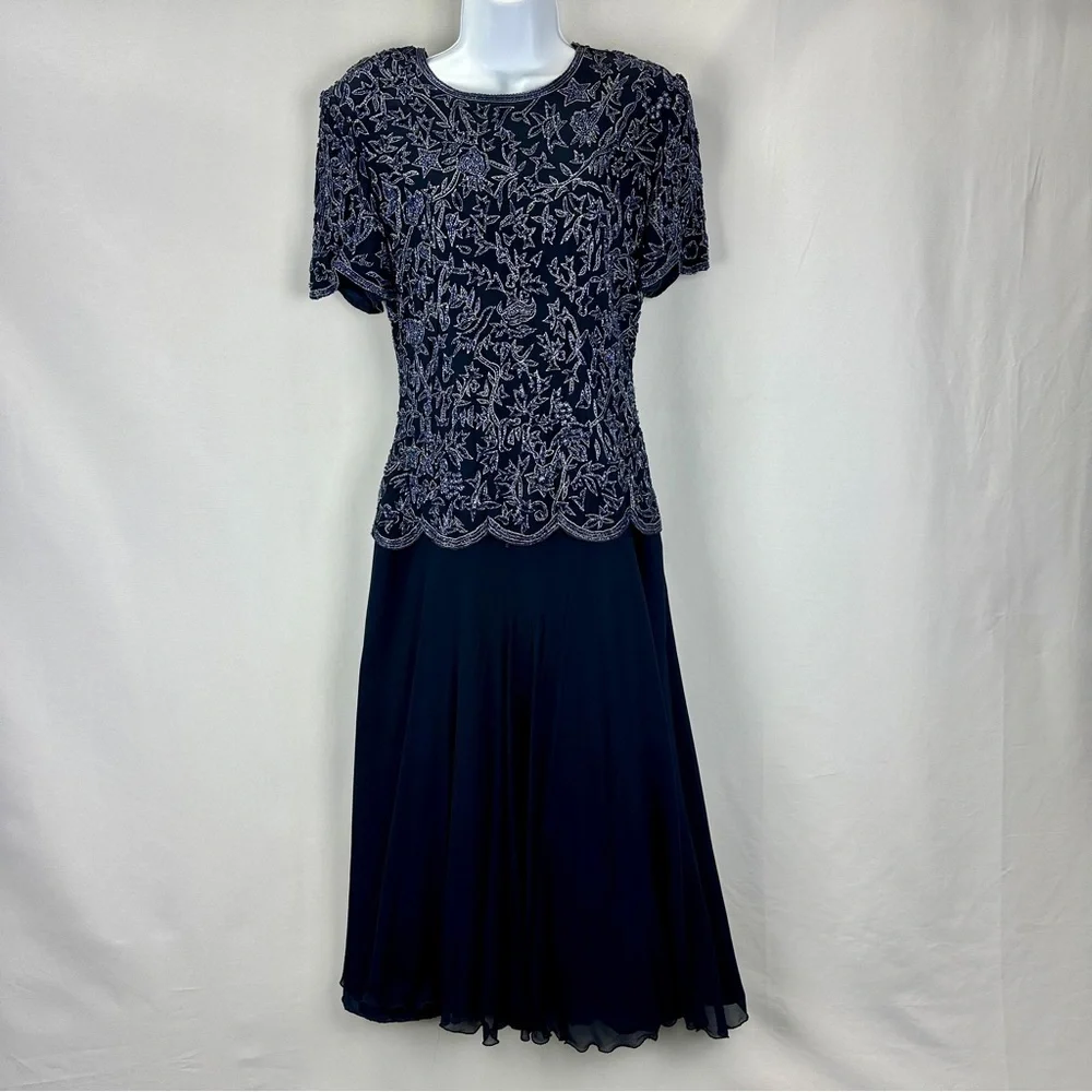 Papell Boutique Silk Beaded Dress Navy Blue Size 8 - Picture 3 of 9